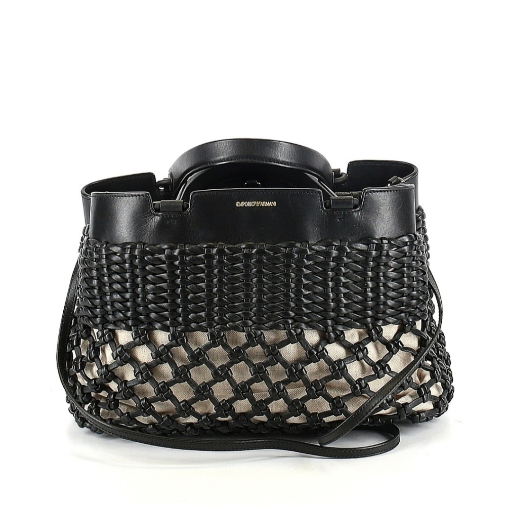 Emporio Armani Black/Beige Leather and Canvas Woven Knot Satchel Bag